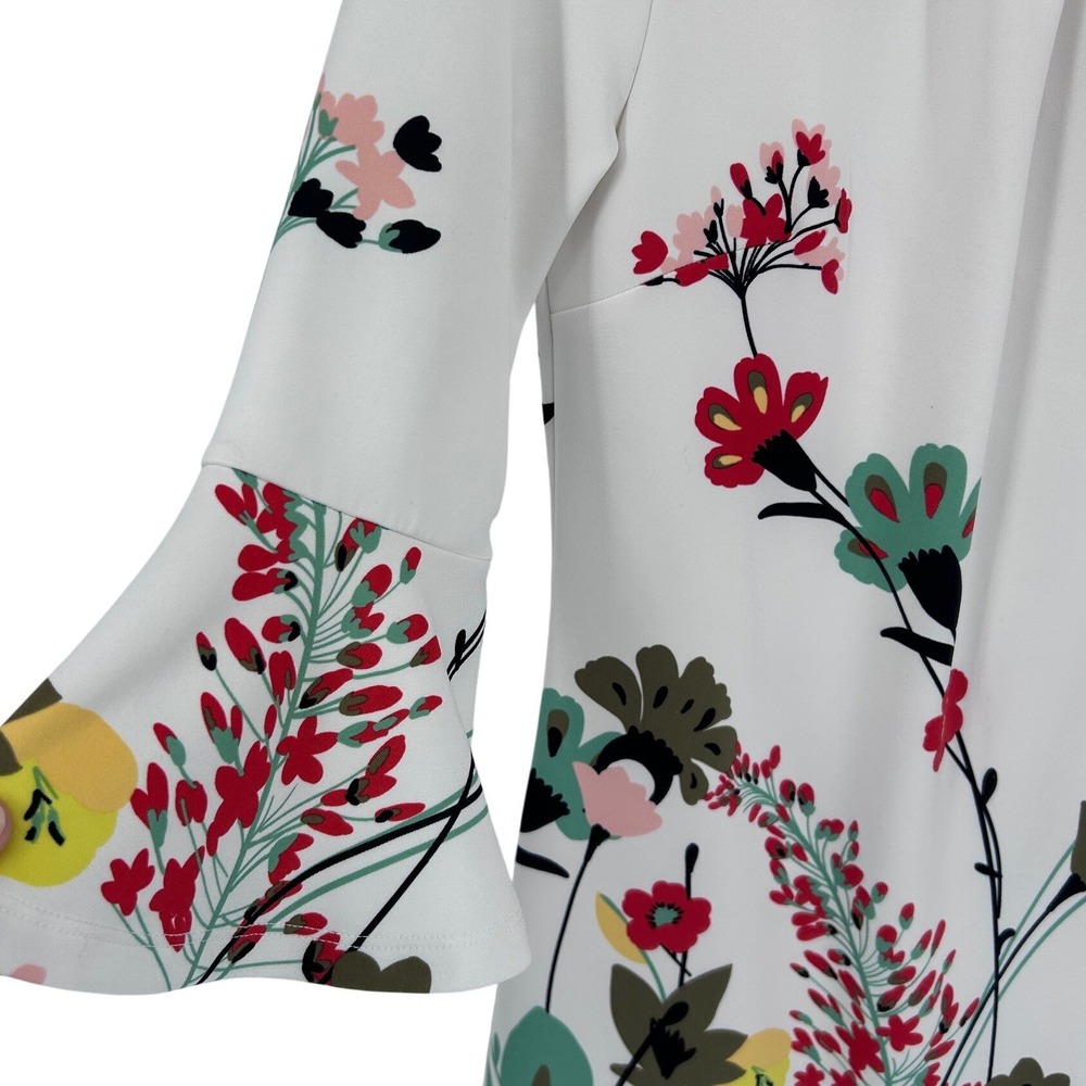 New York & Company Floral Bell Sleeve Shift Dress White Red M - Picture 4 of 6